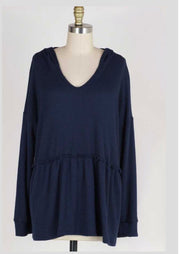 HD-O {Easy Living} Navy Waffle-Knit V-Neck Tunic w/Hood Extended Plus Size 4X 5X 6X