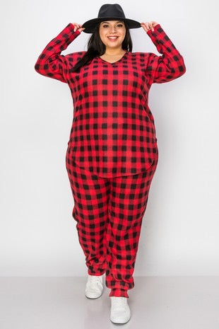 60 SET-D {Lost In Plaid} Red Plaid Print Fleece Top & Pant Set EXTENDED PLUS SIZE 3X 4X 5X