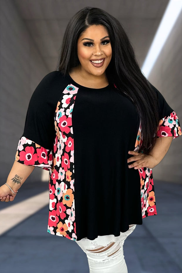 90 CP-I {Daisy Mae} Black Tunic w/Fuchsia Daisy Contrast CURVY BRAND!!!  EXTENDED PLUS SIZE 4X 5X 6X