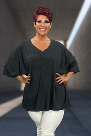 46 SSS-F {Charm Me} Charcoal Oversized V-Neck Top PLUS SIZE 1X 2X 3X
