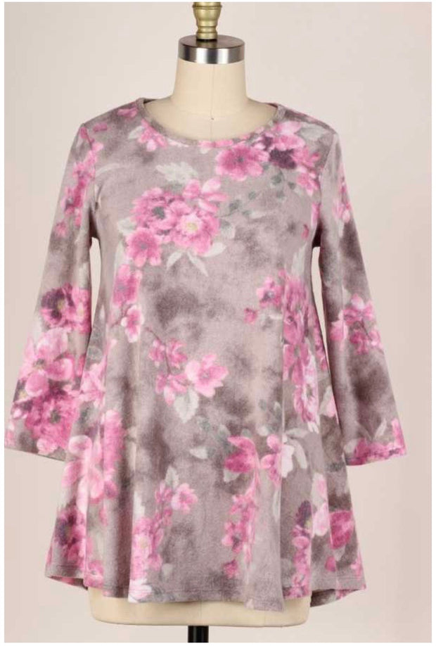 48 PQ-C {Full Bloom} Mocha Magenta Flower Print Soft Knit Top PLUS SIZE XL 2X 3X