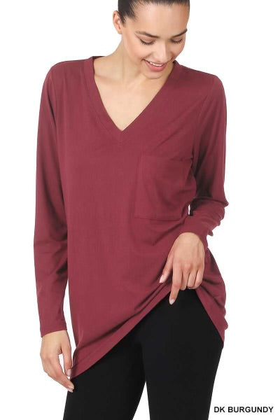 31 SLS-G {Ease Your Mind} Dk. Burgundy V-Neck  Top w/Pocket PLUS SIZE 1X 2X 3X