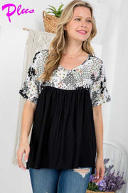 38 CP-Y {Call Me Charming} Black SALE!! Floral Print Babydoll Top PLUS SIZE 1X 2X 3X