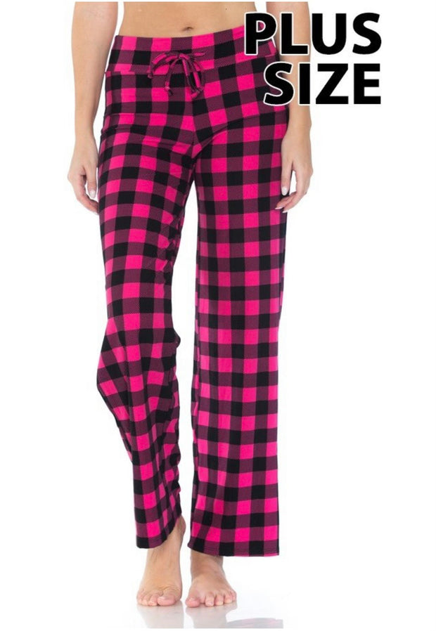 BIN 99 (Be There Soon) Fuchsia Checkered Elastic Drawstring Pants Plus Size