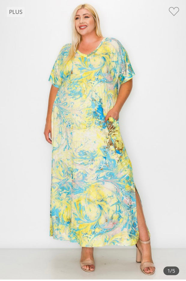 LD-Z {Artistic Vibes} ***SALE***Yellow Printed V-Neck Maxi Dress EXTENDED PLUS SIZE 3X 4X 5X