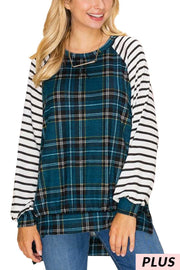 22 CP-T {Gotta Get Out} Blue Plaid White Striped Sleeve Top PLUS SIZE XL 2X 3X