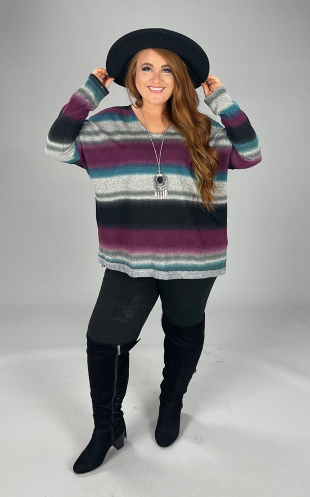 73 PLS-R {Love Me More} Plum Striped V-Neck Top PLUS SIZE 1X 2X 3X