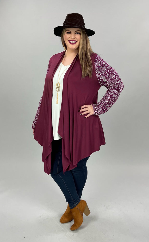 63 OT-C {Floral Motif} Burgundy Cardigan W/Floral Sleeve PLUS SIZE 1X 2X 3X