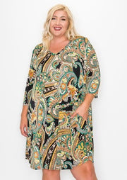 92 PQ-Z {The More You Know} Green/Gold Paisley Print Dress EXTENDED PLUS SIZE 3X 4X 5X