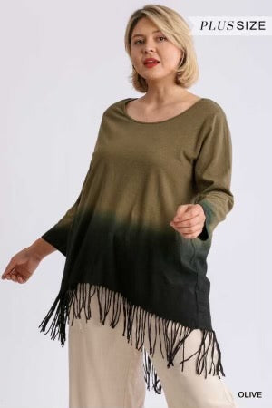 31 OR 57 PQ-Z {Fringe Says It All} UMGEE Olive Ombre Tunic W/Fringe PLUS SIZE XL 1X 2X