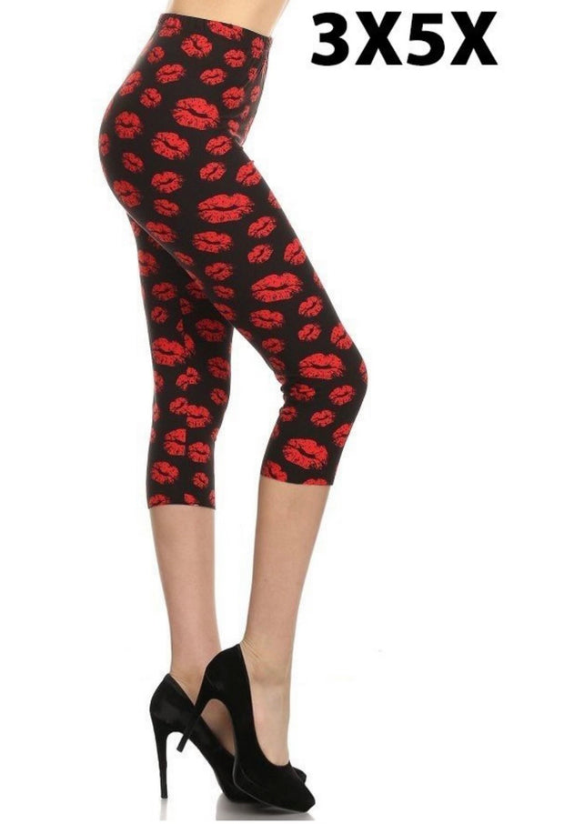 LEG-15- {Lips of Fire) Red Lips Black Butter Soft Capri Leggings EXTENDED PLUS SIZE 3X/5X