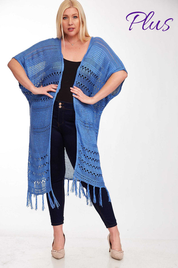 OT-B {Carolina Blue} Cardigan With Fringe Detail & Back Lace Insert PLUS SIZE 1X 2X 3X SALE!!