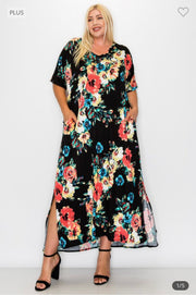 LD-Z {Just A Little} Black Floral V-Neck Maxi Dress EXTENDED PLUS SIZE 3X 4X 5X