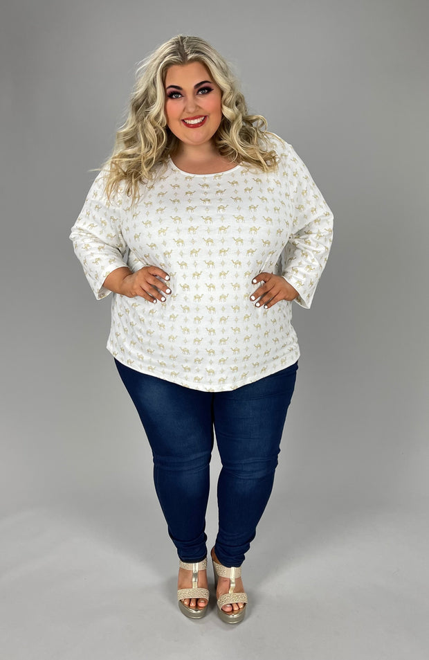 M-109 {Karen Scott} White/Gold Camel Print Top EXTENDED PLUS SIZE 4X