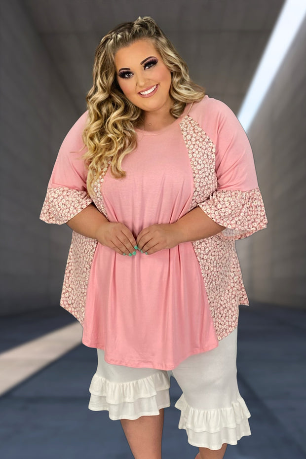 92 CP-K {Curvy Crush}} Blush Ditsy Daisy Print Contrast Tunic CURVY BRAND!!!  EXTENDED PLUS SIZE 4X 5X 6X