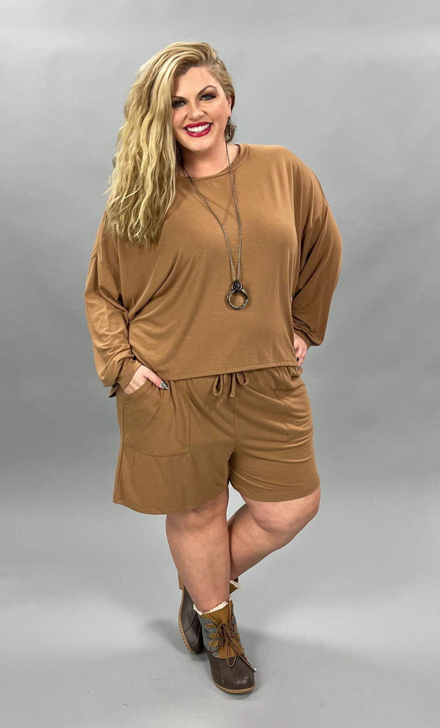 21 SET-I {The Good Life} Camel Long Sleeve Short Set PLUS SIZE 1X 2X 3X