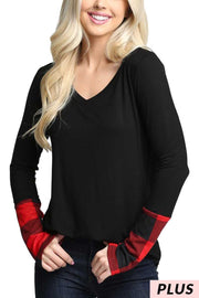 66 CP-A {Something Good} Black V-Neck Top w/Red Plaid Sleeve PLUS SIZE 1X 2X 3X