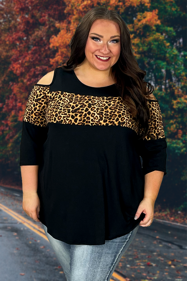 95 OS-H {Natural Comfort} Black/Leopard Open Shoulder Top CURVY BRAND!!!  EXTENDED PLUS SIZE 1X 2X 3X 4X 5X 6X