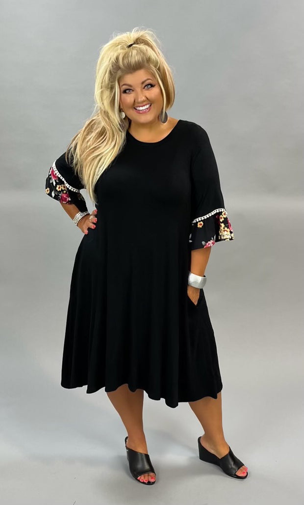 65 CP-Q {Rules of Romance} Black Dress w Floral Sleeve PLUS SIZE 1X 2X 3X