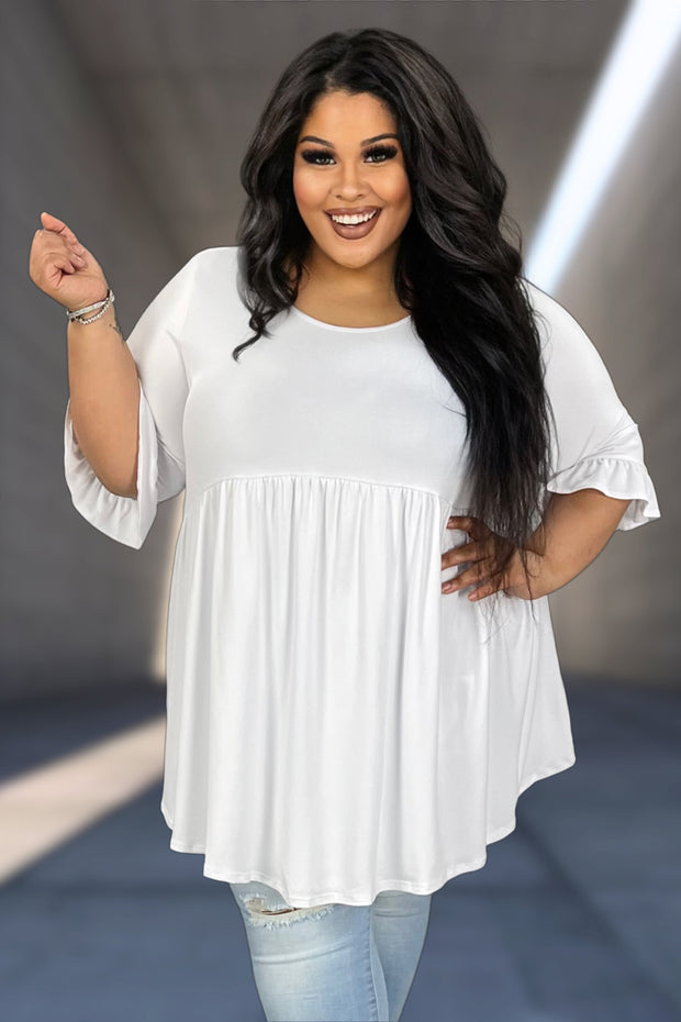 29 SSS-E {Curvy Is My Fav} White Babydoll Ruffle Sleeve Tunic CURVY BRAND!!!  EXTENDED PLUS SIZE XL 2X 3X 4X 5X 6X