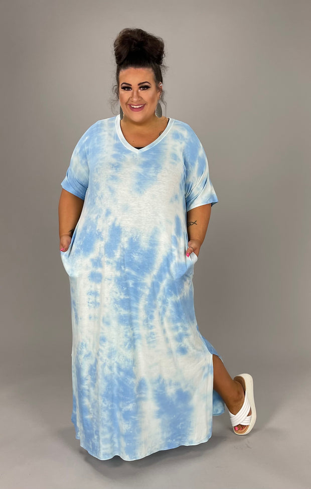 LD-V {Look Up} Sky Blue Tie Dye V-Neck Long Dress EXTENDED PLUS SIZE 3X 4X 5X