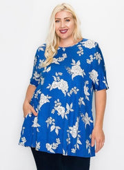 40 PSS-K {Serving Up Looks} Royal Blue Floral Print Tunic EXTENDED PLUS SIZE 3X 4X 5X