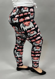 LEG-30 {Marching Elephants}  Elephant Printed Black Leggings EXTENDED PLUS SIZE