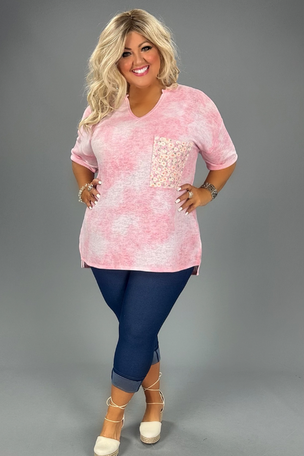 92 CP-S {Makes My Heart Happy} SALE!! Pink Floral V-Neck Top PLUS SIZE XL 2X 3X