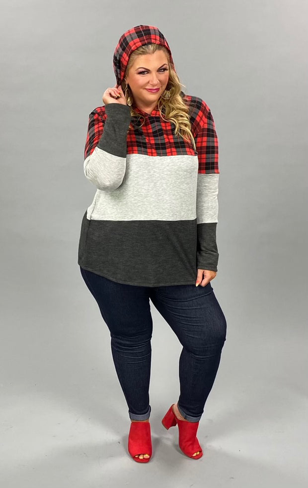 23 HD-F {In Perfect Order} Red Plaid Grey Hoodie PLUS SIZE XL 2X 3X