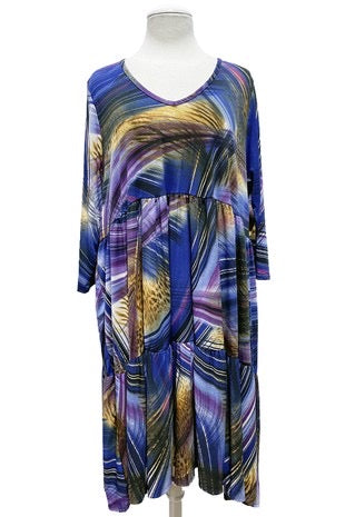 26 PQ-M {Always On Time} Blue Print V-Neck Tiered Dress PLUS SIZE 1X 2X 3X