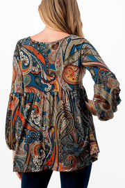 11 PLS-A {My World Now} Teal Paisley Babydoll Top PLUS SIZE 1X 2X 3X