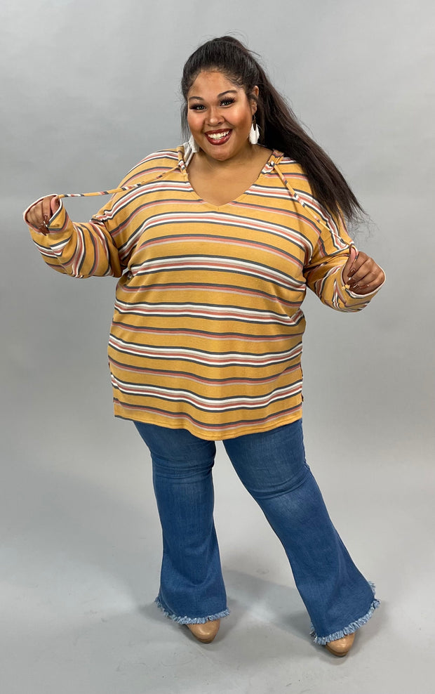 14 HD-R  {Campfire Queen} Mustard Multi Striped Hoodie PLUS SIZE 1X 2X 3X