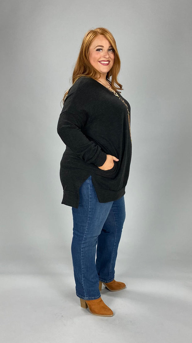 41 OR 56 SLS-H {Cozy Nights} Black V-Neck Long Sleeve Top PLUS SIZE 1X 2X 3X