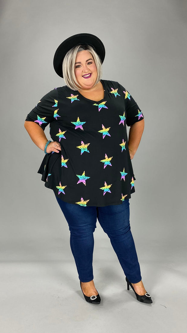 28 PSS-Z {Rebellious Star} Black Star Print V-Neck Top EXTENDED PLUS SIZE 3X 4X 5X