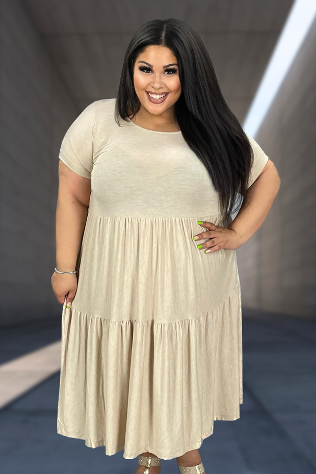 LD-C {Wardrobe Classic} Heather Beige Tiered Midi Dress PLUS SIZE 1X 2X 3X