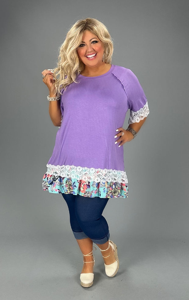 18 CP-C {Surprise Waiting} Lilac/Lace Top w/Floral Hem PLUS SIZE XL 2X 3X