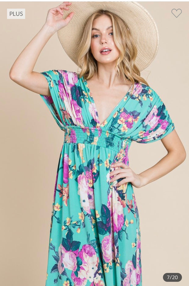 LD-Z & F {Mellow Moment} Emerald Floral Smocked Maxi Dress PLUS SIZE 1X 2X 3X