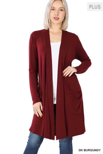 63 OT-G {Worth A Mention} Dk. Burgundy Cardigan w/Pockets PLUS SIZE 1X 2X 3X