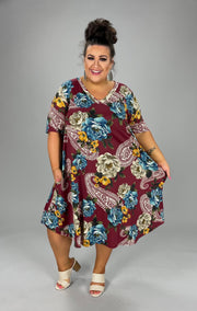 55 PSS-F {Wine Garden} Wine Floral V-Neck Dress EXTENDED PLUS SIZE 3X 4X 5X