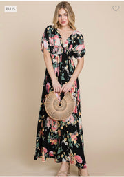 LD-Z & G {Mellow Moment} Black Floral Smocked Maxi Dress PLUS SIZE 1X 2X 3X