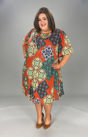 54 PSS-A {Duly Noted} Rust Print Dress EXTENDED PLUS SIZE 3X 4X 5X