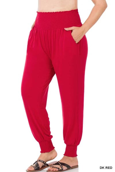 LEG-51 {Going Anywhere} Dk. Red Smocked Cuff Jogging Pants PLUS SIZE 1X 2X 3X