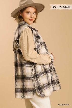 24 OT-B {Class Is In} Umgee Taupe Plaid Shacket SALE!!  PLUS SIZE XL 1X 2X