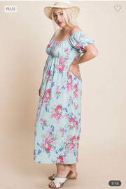 LD-S {Wishful Thinking} Mint Floral Babydoll Midi Dress PLUS SIZE 1X 2X 3X