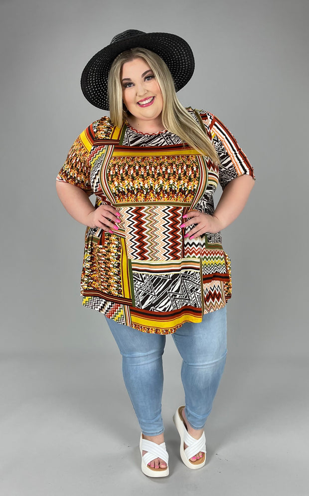 29 PSS-P {Meeting In The Middle} Brick***FLASH SALE*** Geo-Print Top EXTENDED PLUS SIZE 3X 4X 5X