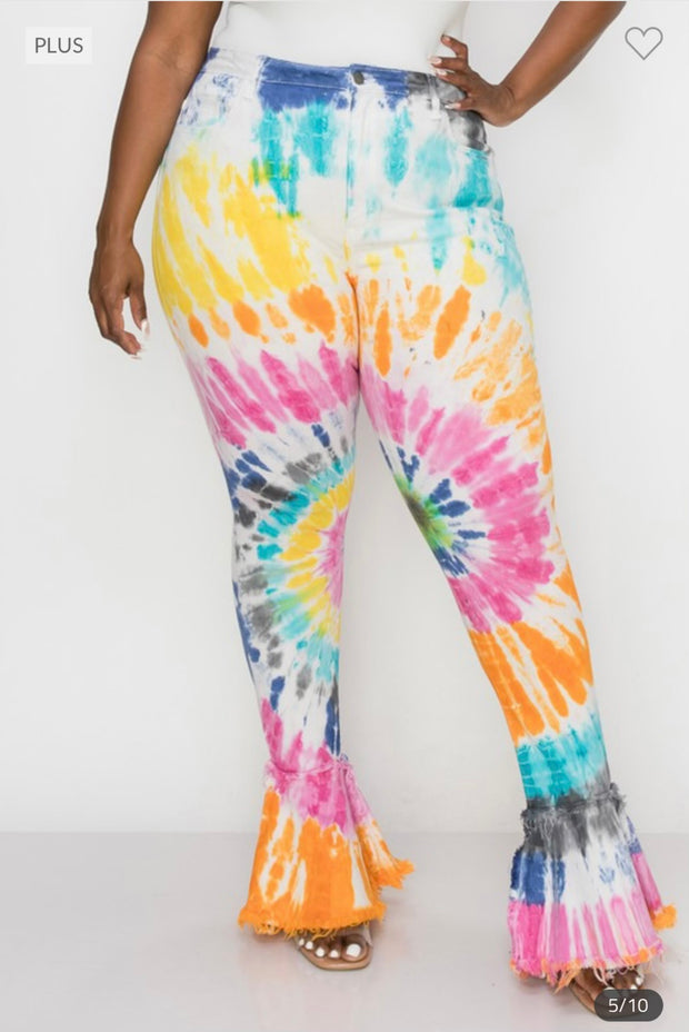 LEG-   {The Map} Ivory Tie Dye Frayed Hem Jeans PLUS SIZE 1X 2X 3X