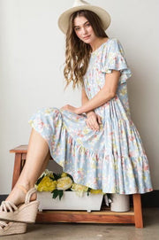 76 PSS-C {Floral Fields} Lt. BLUE Floral Tiered Dress PLUS SIZE 1X 2X 3X***SALE***