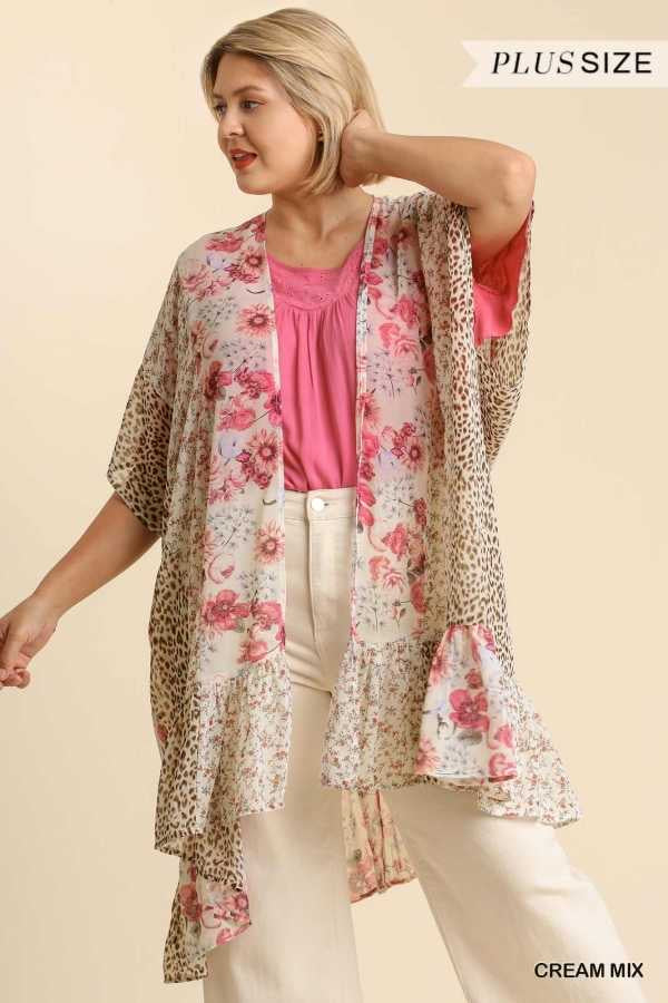 42 OT-V {Sweet Meeting} Umgee Cream Print Kimono PLUS SIZE XL/1X  1X/2X