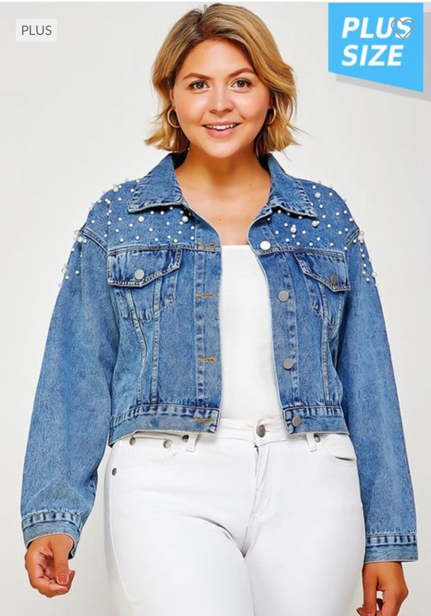 41 OT-B  {Elegant Denim} Denim Jacket with Pearl Detail (RUNS SMALL) PLUS SIZE 1X/2X 2X/3X