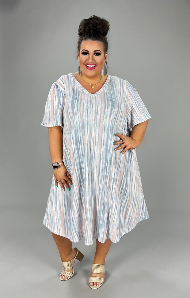 29 PSS-J {Edge Of The Moment} Blue/Peach V-Neck Dress EXTENDED PLUS SIZE 3X 4X 5X